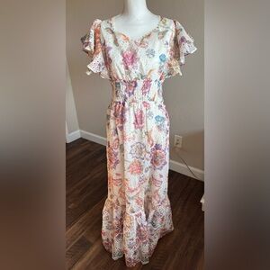 New Solitaire Cream Floral Maxi Dress with Pink and Blue Accents